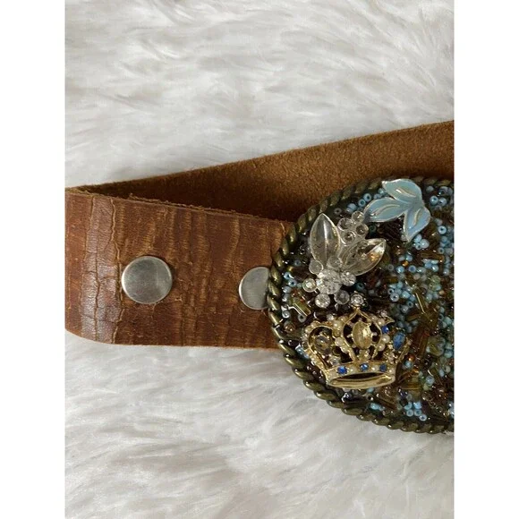 Genuine Leather Belt Women Size 38 Rhinestone Oval Buckle Brown Western - Picture 8 of 10